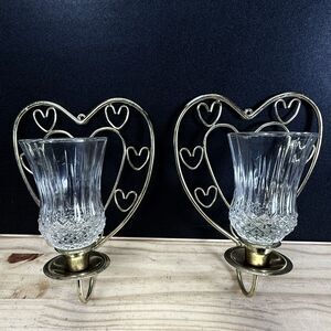 Home Interiors Pair of Metal Heart Shaped Wall Sconces With Votive Cups Vintage
